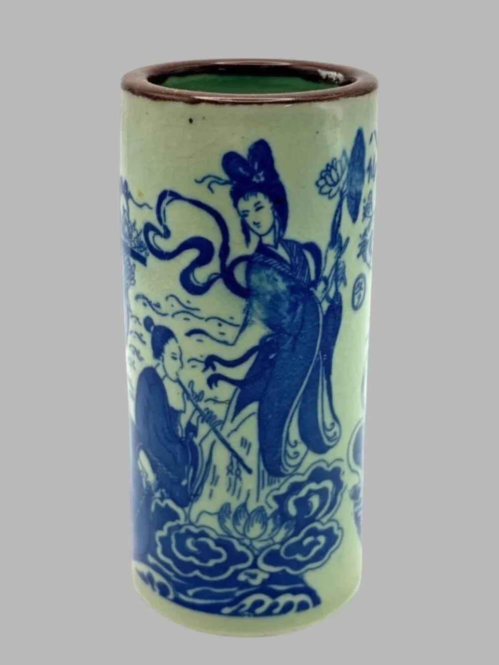 Vintage Kangxi Marked Jingdezhen Porcelain Blue White Celadon Brush Pot